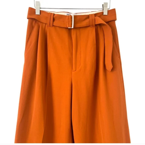Zara Orange Wide Leg Pants with High Waist and Stylish d-ring Belt - Picture 6 of 11